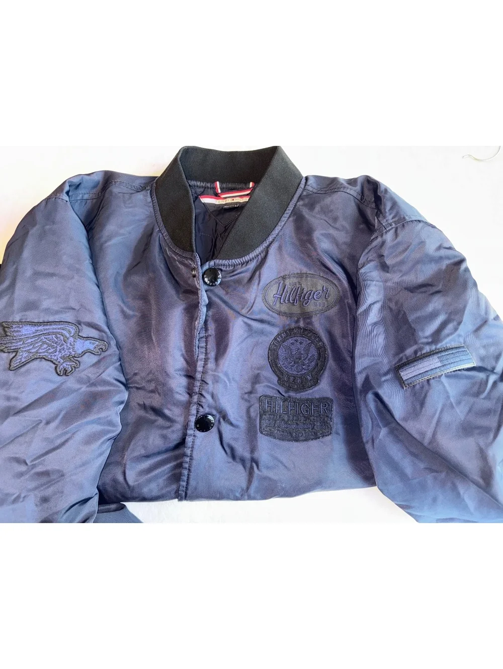 Tommy Hilfiger Crest Patch Relaxed Satin Bomber Jacket Navy XL